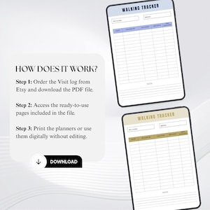 Puede incluir: Una plantilla digital de rastreador de caminatas con dos variantes en azul y dorado. El texto dice HOW DOES IT WORK? Step 1: Order the Visit log from Etsy and download the PDF file. Step 2: Access the ready-to-use pages included in the file. Step 3: Print the planners or use them digitally without editing. Se incluye un botón de descarga.