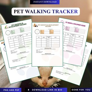 Könnte beinhalten: Mehrere druckbare Pet Walking Tracker-Blätter mit dem Text "PET WALKING TRACKER" und "PET GROWTH & DEVELOPMENT RECORD". Die Blätter enthalten Abschnitte zur Aufzeichnung von Haustierdaten. Der Text "PNG AND PDF" und "DOWNLOAD LINK IN BIO" ist ebenfalls sichtbar.