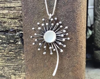Sea glass jewelry,  White sea glass and sterling silver dandelion necklace