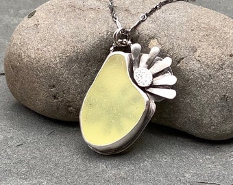 Sea glass jewelry,  Sea glass necklace,  Rare yellow sea glass and hand formed daisy necklace