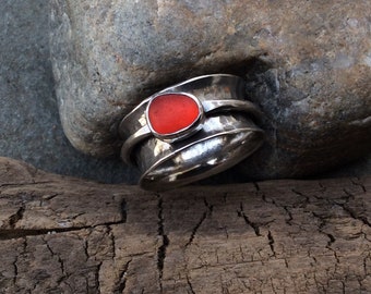 Sea glass jewelry, The Original sterling silver and sea glass spinner fidget ring
