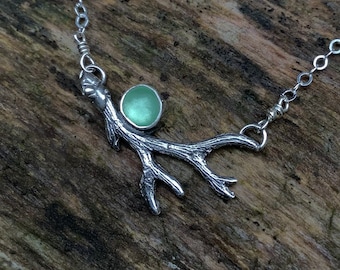 Sea glass jewelry,  Bezel set sea foam green sea glass and sterling silver antler necklace