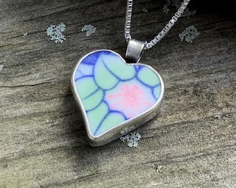 Sea pottery jewelry, Sea glass jewelry, Heart shaped sea pottery and sterling silver blossom necklace