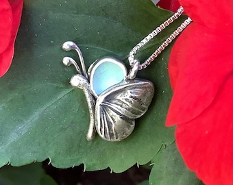 Sea glass jewelry, Sea glass necklace, Hand formed sterling and fine silver blue sea glass butterfly necklace