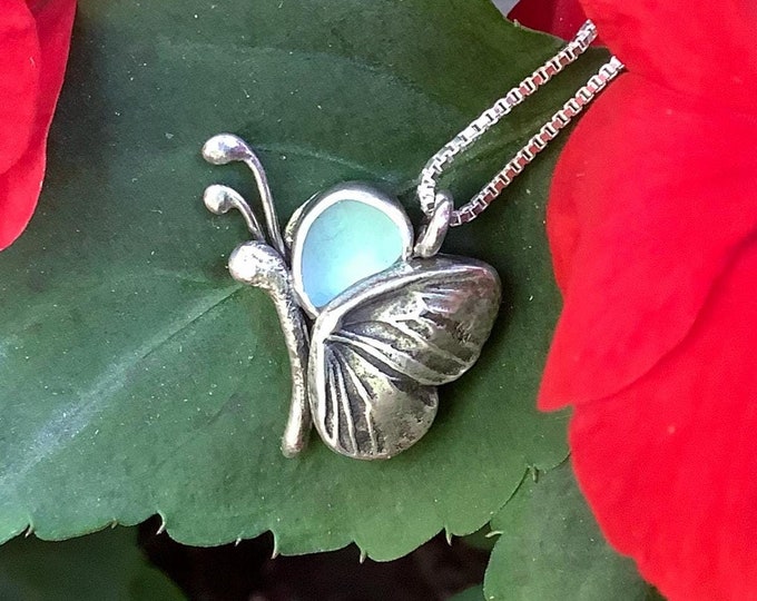 Featured listing image: Sea glass jewelry, Sea glass necklace, Hand formed sterling and fine silver blue sea glass butterfly necklace