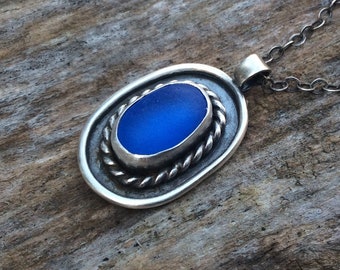 Sea glass jewelry, Sea glass necklace, Bezel set blue sea glass and sterling silver necklace