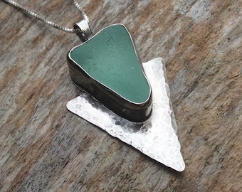 Sea glass jewelry,  Sea glass necklace,  Thick sea foam green triangular shaped sea glass arrowhead sterling silver necklace