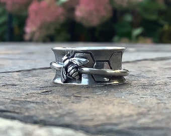 Sterling silver spinner ring,  Honey bee spinner ring, fidget ring, worry ring,