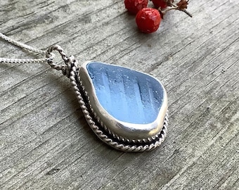 Sea glass jewelry, Sea glass necklace,  Patterned blue sea glass pendant necklace