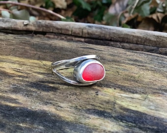 Sea glass jewelry,  Sea glass ring,  Bezel set rare red sea glass solitaire ring, US size 6.5