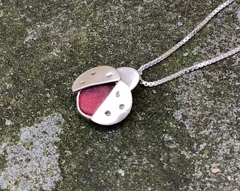 Sea glass jewelry,  Sea glass necklace,  Rare red sea glass and sterling silver hand formed ladybug necklace