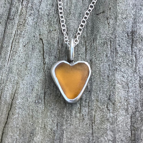 Sea glass jewelry, Sea glass necklace,  Honey colored heart shaped bezel set sea glass necklace