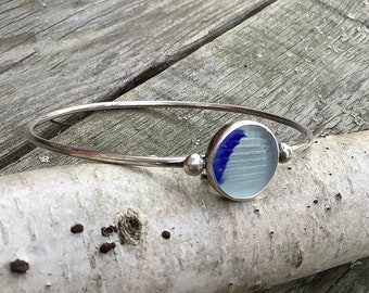 Sea glass jewelry, Sea glass bangle bracelet, Blue and white Japanese ohajiki sea glass bangle bracelet