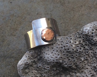 Mixed metal ring,  Recycled copper and sterling silver wide wrap statement ring, Sterling silver jewelry, Copper ring