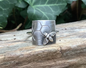 Sterling silver ring, Hand stamped hexagon and honey bee square ring, Square ring