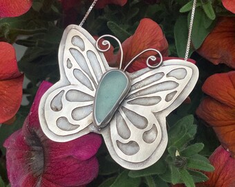Sea glass jewelry, Sea glass necklace, Blue sea glass and sterling silver hand cut butterfly necklace
