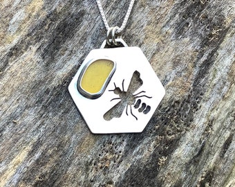 Sea glass jewelry, Sea glass necklace,  Bezel set yellow sea glass and hand sawn honey bee sterling silver necklace