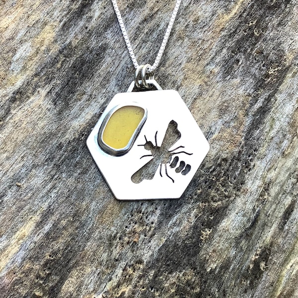 Sea glass jewelry, Sea glass necklace,  Bezel set yellow sea glass and hand sawn honey bee sterling silver necklace