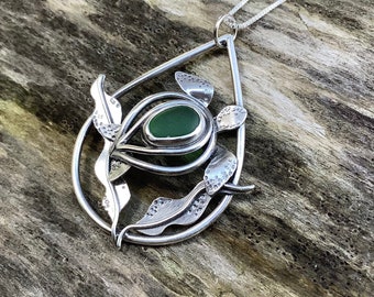 Sea glass jewelry, Sea glass necklace, Green sea glass and hand formed sea turtle and seaweed teardrop pendant