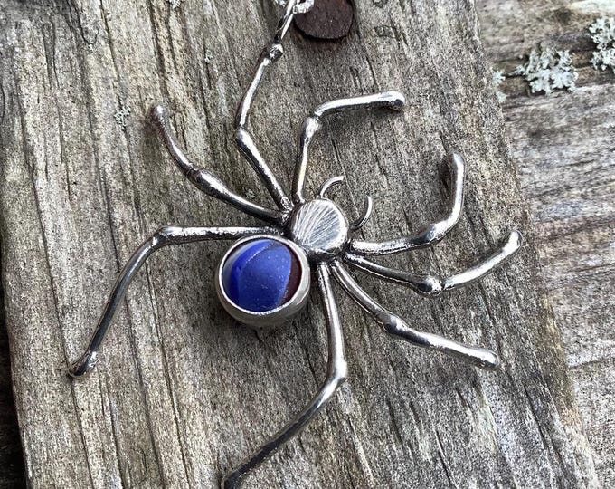 Featured listing image: Sea glass jewelry, Sea glass marble sterling silver spider pendant necklace