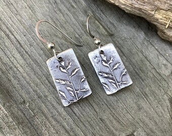 Sterling silver jewelry,  Botanical fine silver hand formed rectangle earrings