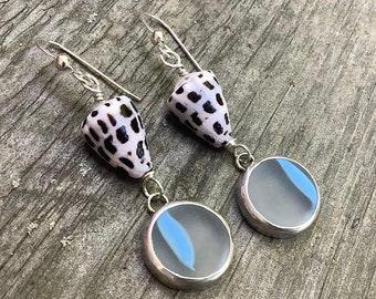 Sea glass jewelry, Sea glass earrings, Japanese ohajiki frosted white and blue sea glass and baby Hebrew cone shell earrings