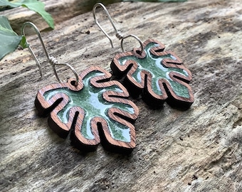 Wood and resin monstera earrings, Monstera jewelry, Resin earrings