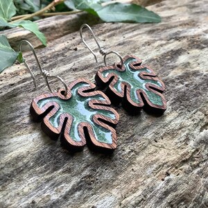 Wood and resin monstera earrings, Monstera jewelry, Resin earrings
