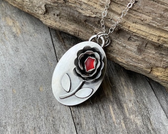 Sea glass jewelry,  Sea glass necklace, Red sea glass and hand formed sterling silver rose pendant necklace