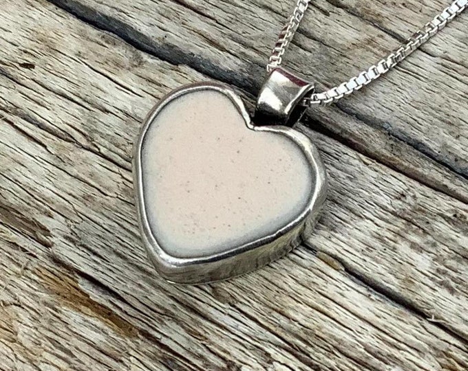 Featured listing image: Sea glass jewelry, Sea pottery heart necklace, Pale pink sea pottery heart necklace