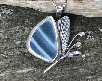 Sea glass jewelry, Sea glass necklace, Sea pottery and sterling silver butterfly necklace