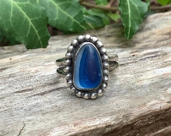 Sea glass ring, Sea glass jewelry,  Bezel set blue multi colored sea glass statement ring, US size 7