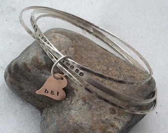Sterling silver bangle bracelet for Mom, Stackable bangle, Personalized hand stamped bracelet