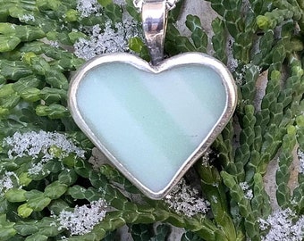 Sea glass jewelry, Sea pottery heart necklace, Mint green striped sea pottery heart necklace