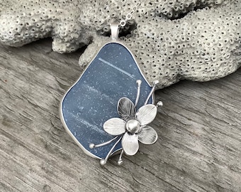Sea glass jewelry,  Sea glass necklace, Blue sea glass and sterling silver flower necklace