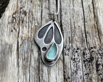 Sea glass jewelry, Sea glass necklace, Hand cut sterling silver and blue sea glass butterfly wing necklace