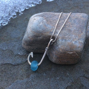 Sea glass jewelry, Sterling silver fish hook and sea glass necklace