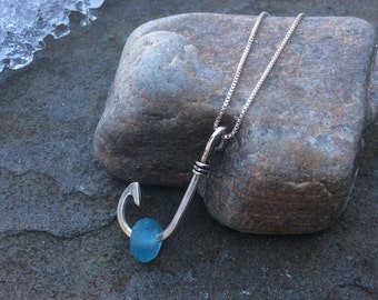 Sea glass jewelry, Sterling silver fish hook and sea glass necklace