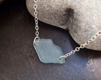 Sea glass jewelry,  Blue sea glass "Kiss" on sterling silver chain