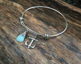 Sea glass jewelry,  Wire wrapped pale green milk glass and anchor expandable sterling silver bangle bracelet