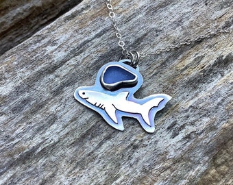 Sea glass jewelry,  Hand cut sterling silver shark and bezel set blue sea glass necklace