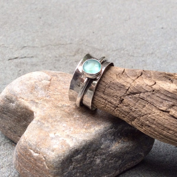 Sea glass jewelry, The Original sterling silver and sea glass spinner fidget ring