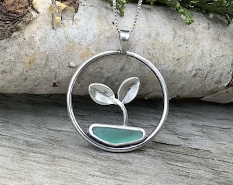 Sea glass jewelry, Sea glass necklace, Light teal green sea glass and sterling silver sprout necklace