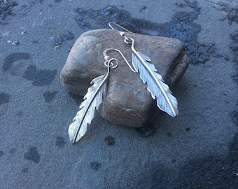 Sterling silver jewelry,  Hand cut sterling silver feather earrings