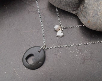 Mother and Daughter Necklace set with carved beach stone and sterling silver heart, Sea glass jewelry, Beach stone jewelry