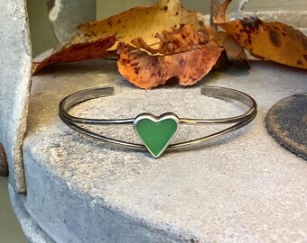 Sea glass jewelry, Sea glass bracelet, Green sea glass heart and sterling silver cuff bracelet