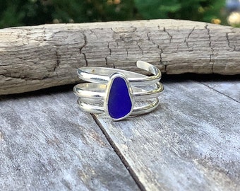 Sea glass jewelry,  Sea glass ring,  Cobalt blue sea glass and sterling silver spiral adjustable ring