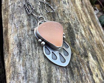 Sea glass jewelry, Sea glass necklace,  Rare peach sea glass and sterling silver necklace