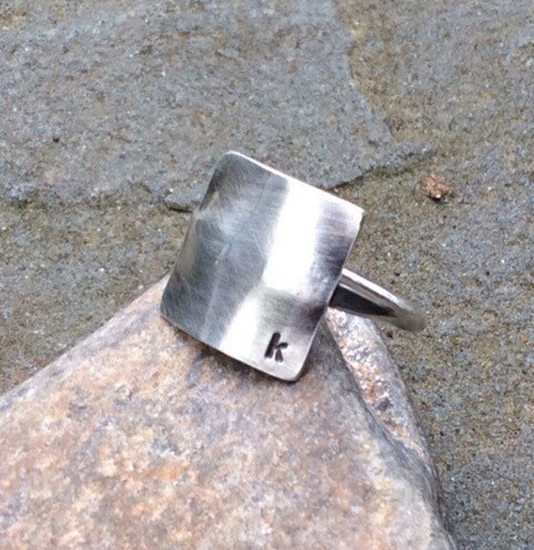 Sterling Silver Initial Ring, Hand Stamped, Personalized Ring, Square ...