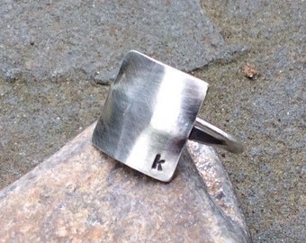 Sterling silver initial ring, Hand stamped, Personalized ring, Square ring